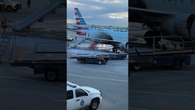 Airplane wing bursts into flames after emergency landing