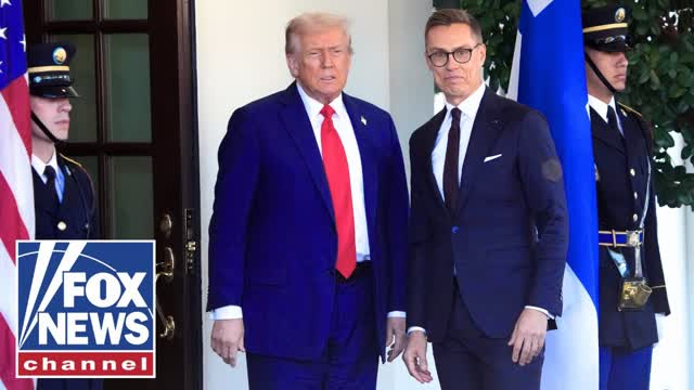 President Donald Trump greets Finnish President Alexander Stubb at the White House