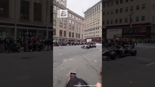 Empire Stunt Building! Lewis Hamilton Does Donuts in F-1 Car Outside Iconic Skyscraper