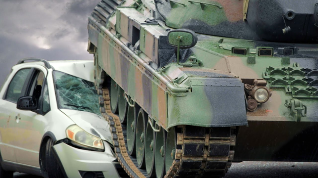 Tank destroys cars with 16 year old driving!